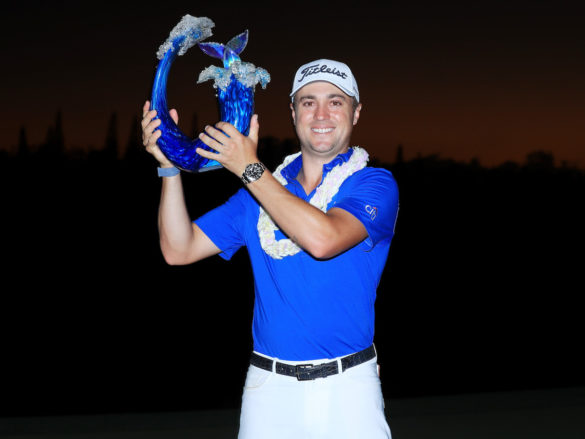 KAPALUA, HAWAII - JANUARY 05: Justin Thomas of the United States celebrates with the winner's trophy after the final round of the Sentry Tournament Of Champions at the Kapalua Plantation Course on January 05, 2020 in Kapalua, Hawaii. (Photo by Sam Greenwood/Getty Images)